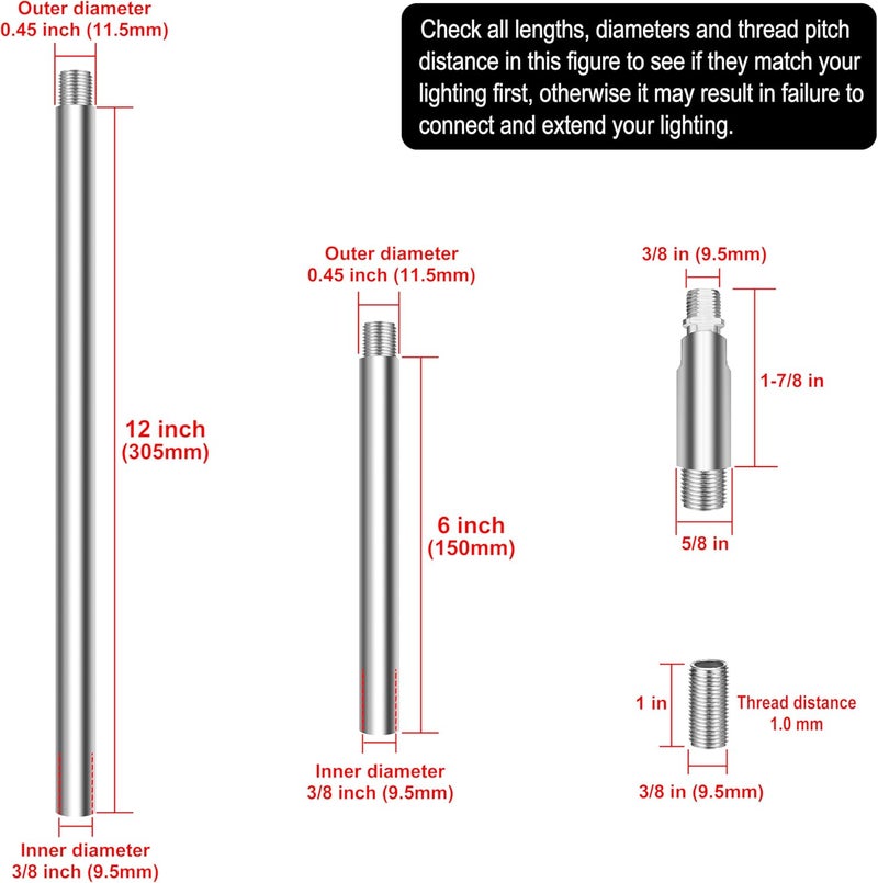 MAYOMAJO 8 Pieces M10 Threaded Extension Poles Lighting Fixture Downrods Stems & 180 Degrees Sloped Ceiling Adapter Kits for Pendant Light, Island Lighting, Chandeliers (Chrome) - Image 2